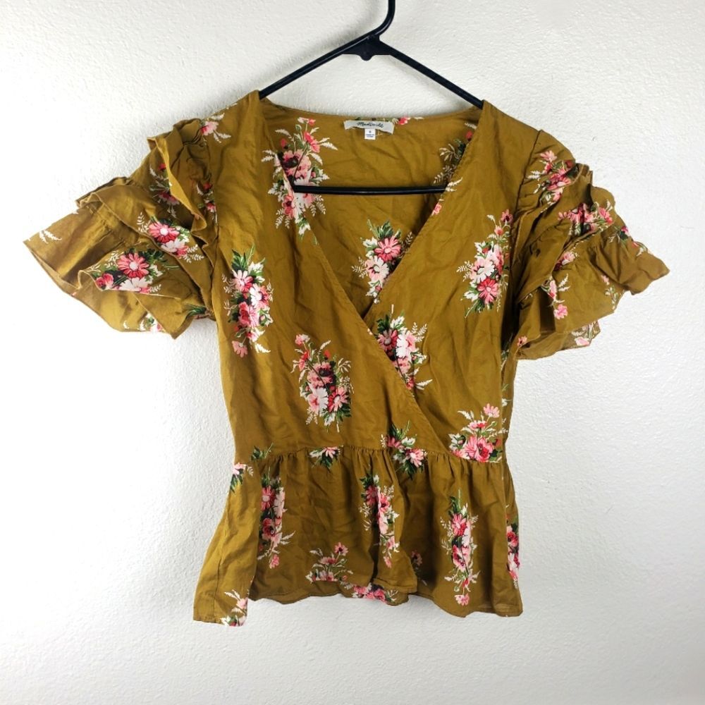 Madewell Floral Wrap Peplum Top Mustard Yellow Ruffle Sleeve V Neck Sz 0 XS